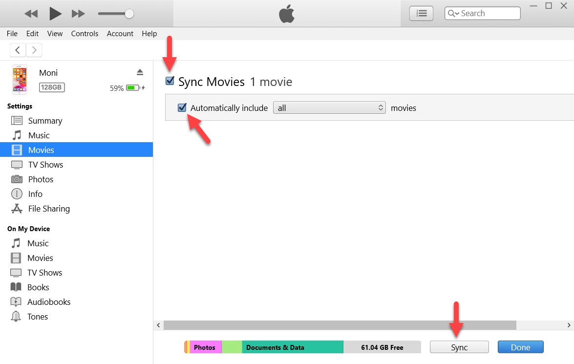 Sincronizar películas en iTunes