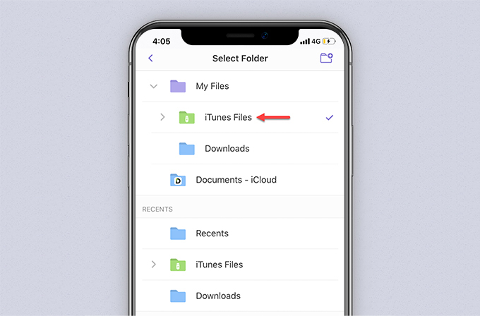 Select Folder interface of Documents by Readdle