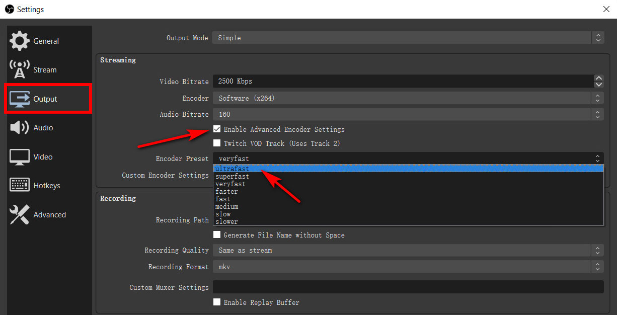 Change OBS faster encoding preset