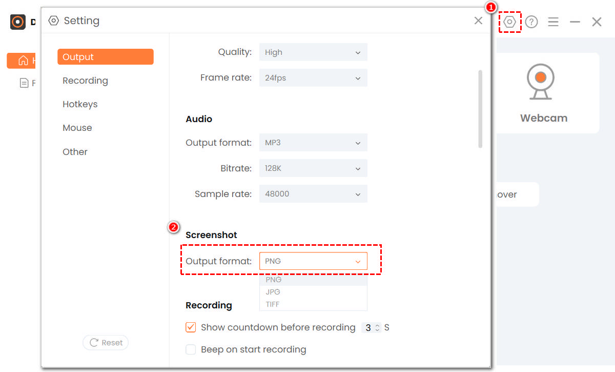 Configure o formato da captura de tela