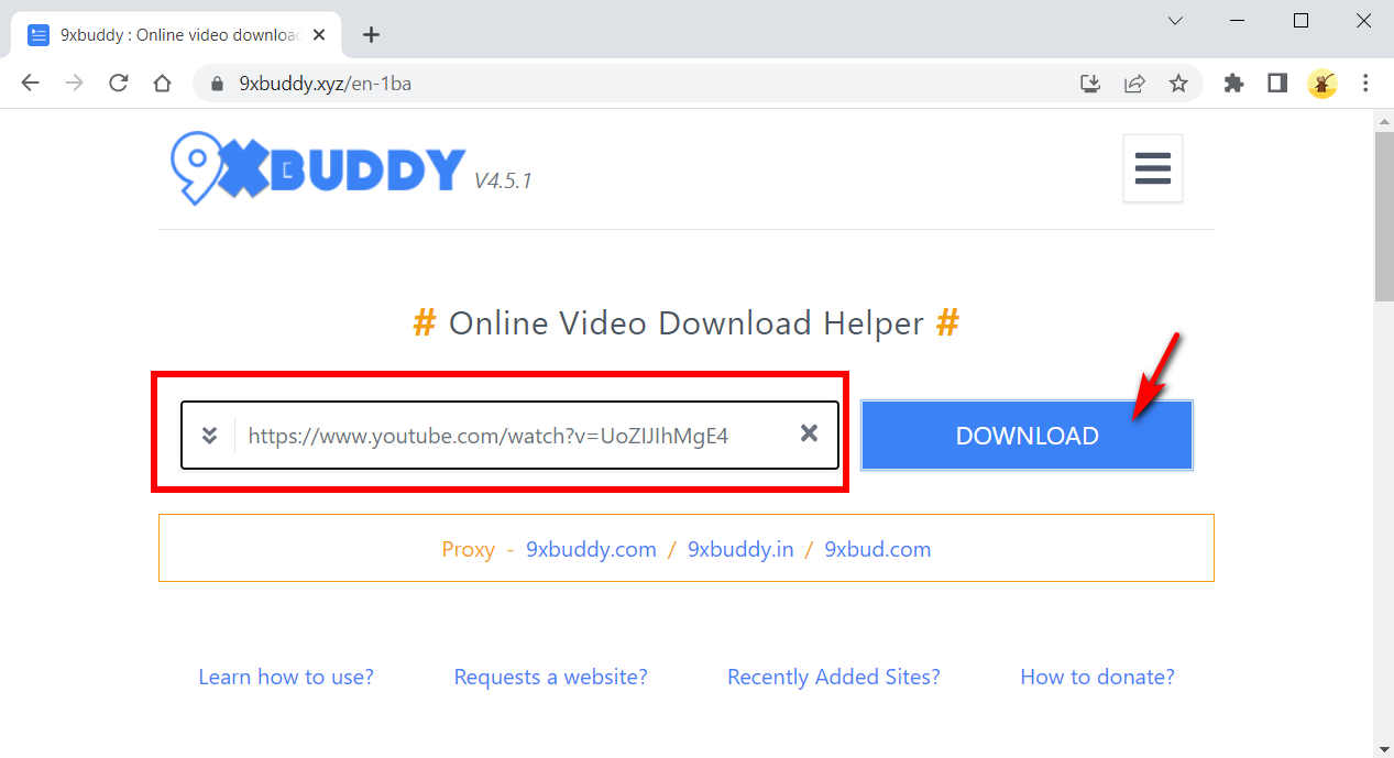 Incolla l'URL in 9xbuddy