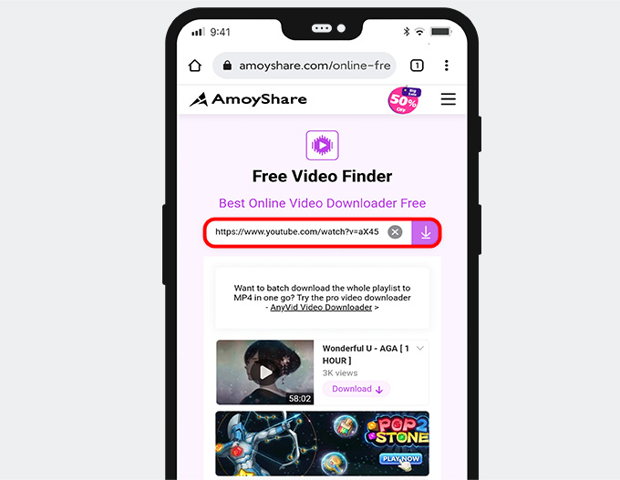 Rechercher une URL sur Free Video Finder Android