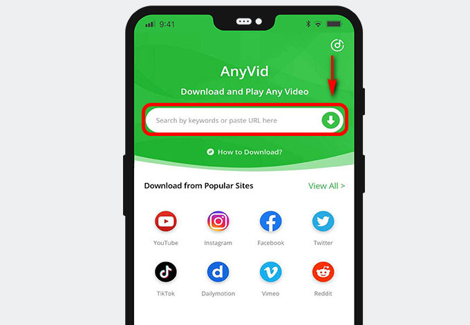 Apri l'app AnyVid per incollare l'URL