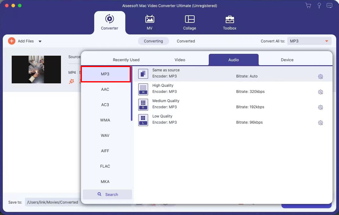 Select MP3 as the output format