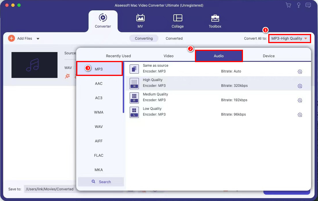 Select MP3 as the output format