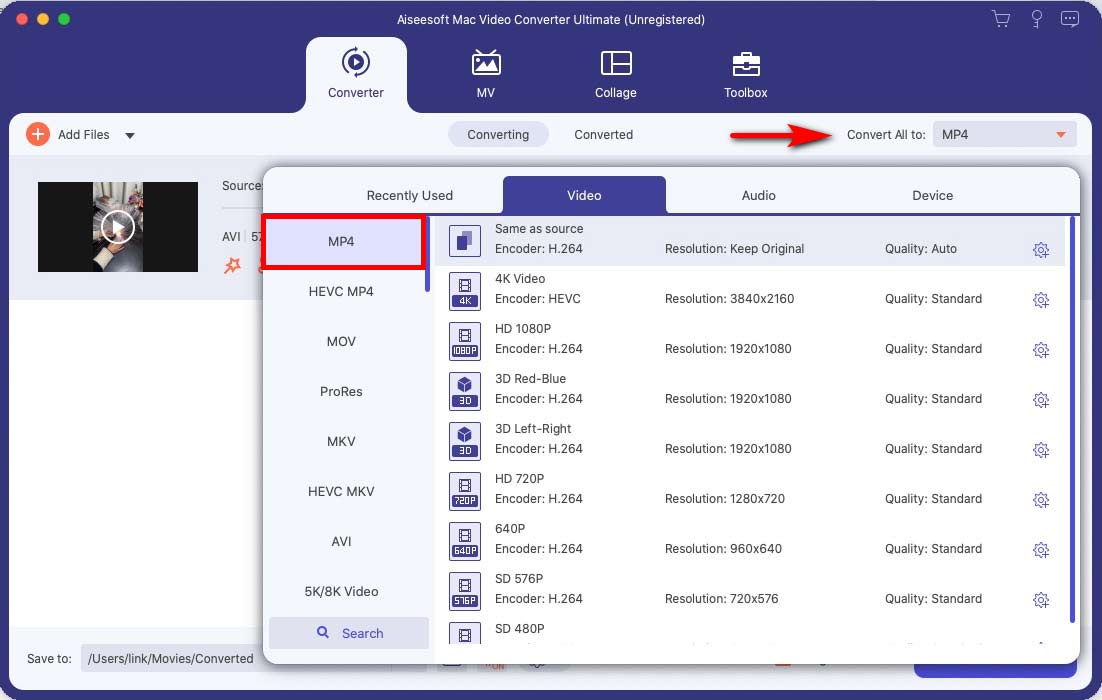 Select MP4 as the output format