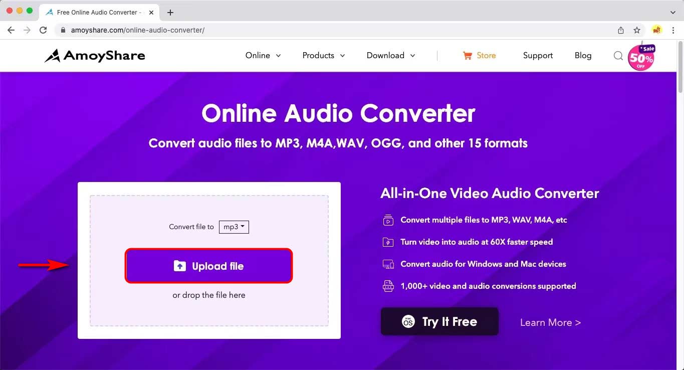 Upload WAV file to Online Audio Converter