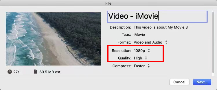 Lower the quality and resolution on iMovie