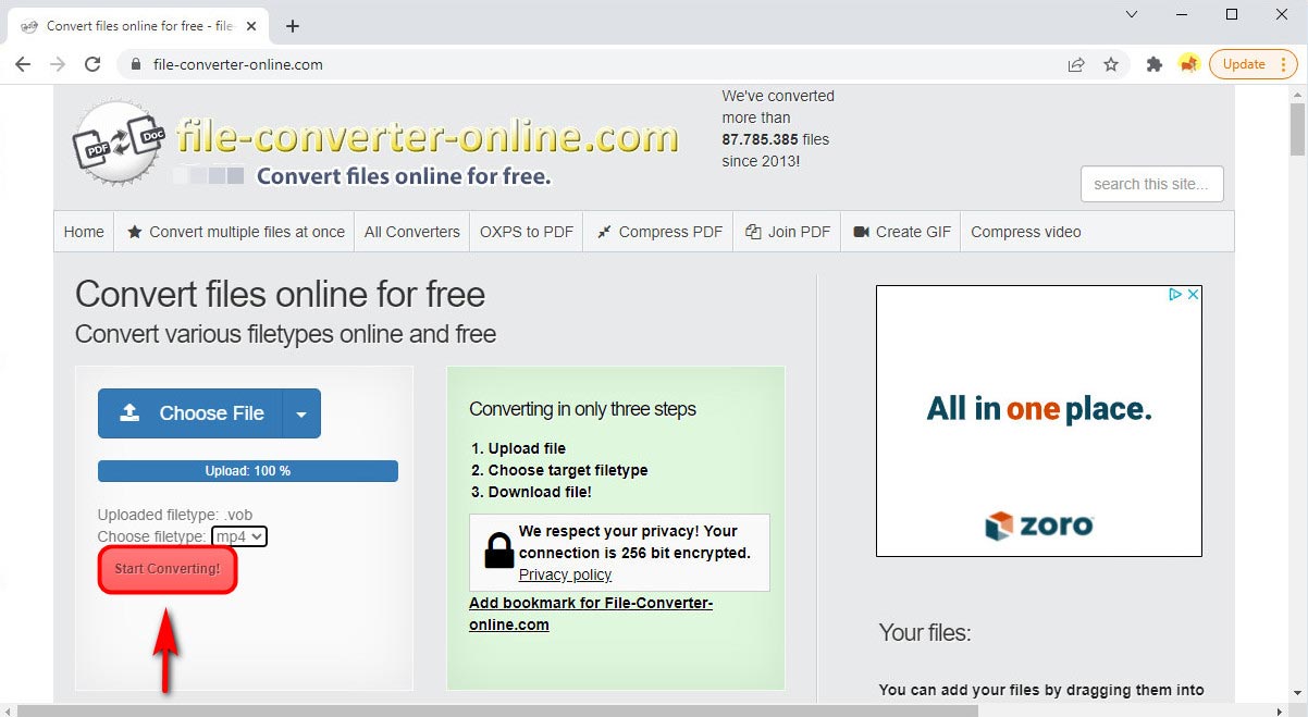 Comece a converter VOB para MP4 online