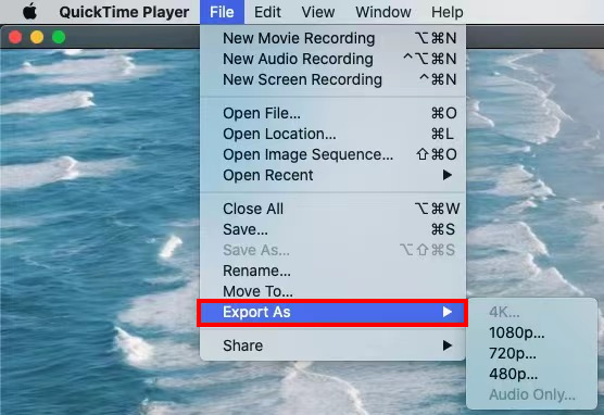 اضغط على خيار التصدير باسم في QuickTime