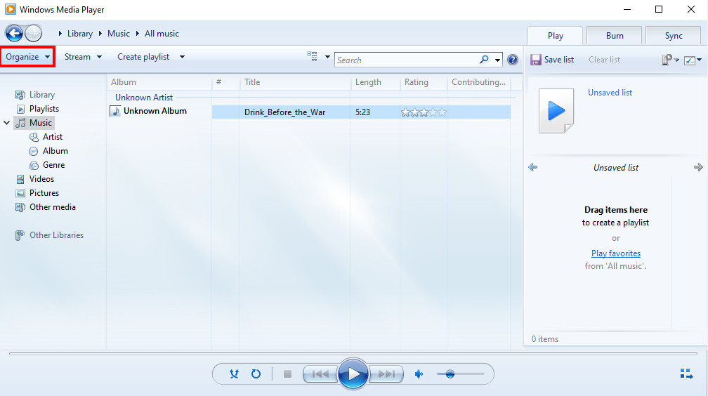 Selecione o botão Organizar no Windows Media Player