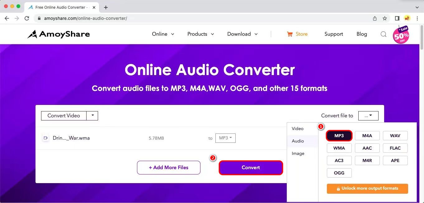 Escolha MP3 como arquivo de áudio de saída online