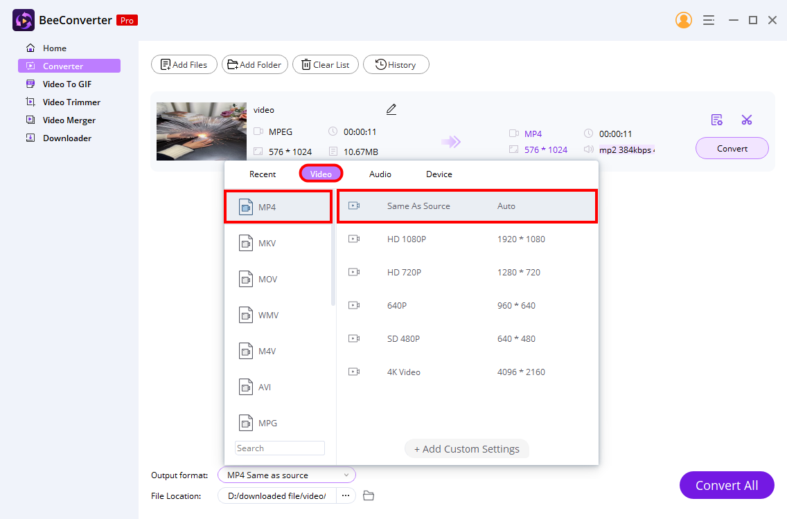 Select MP4 as the output format