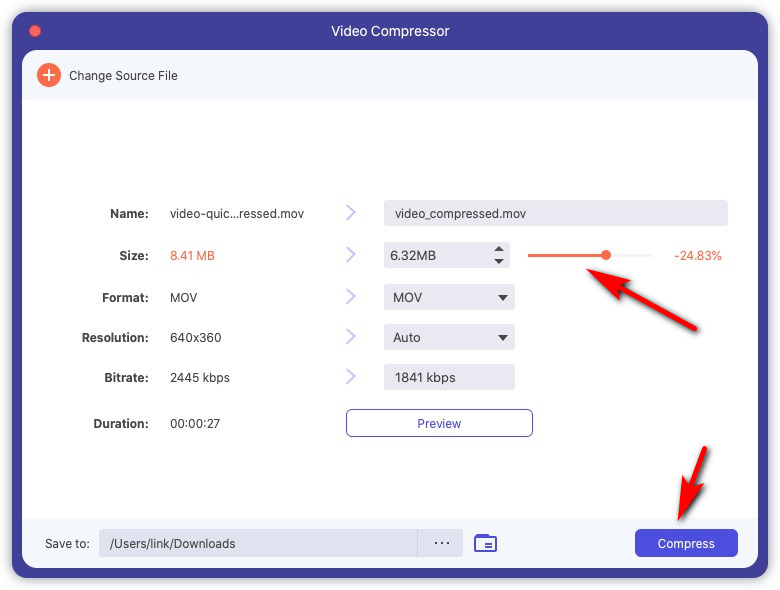 Compacte o arquivo MOV no Mac