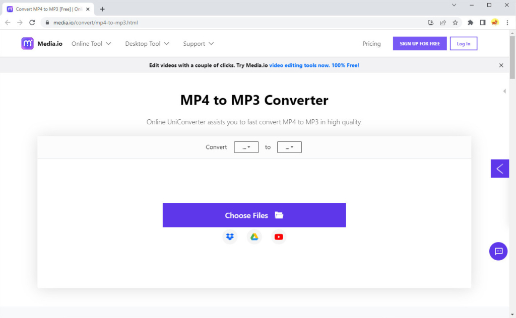 Uniconverter عبر الإنترنت لتغيير MP4 إلى MP3