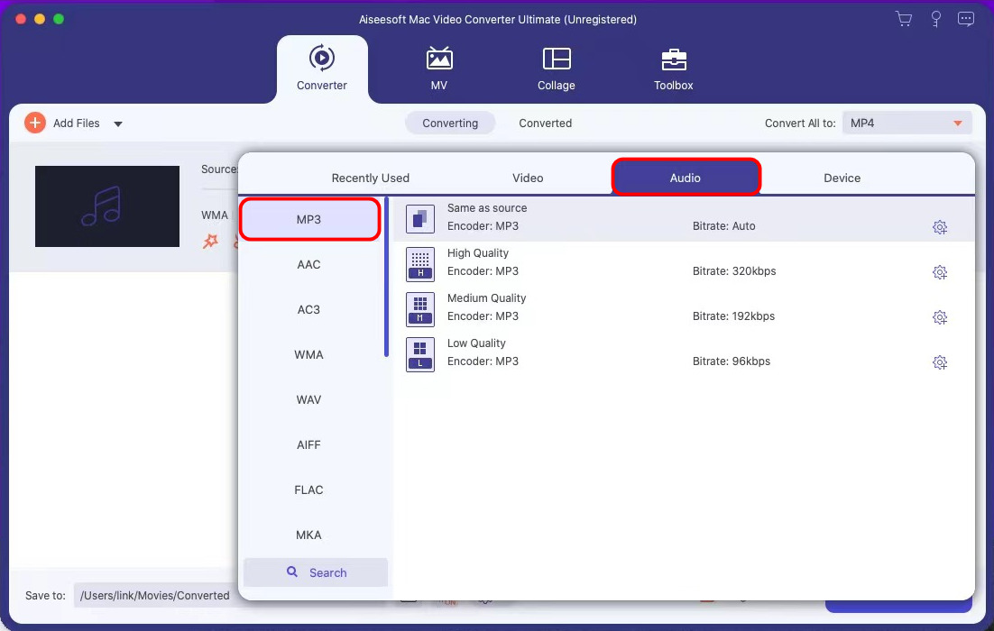 Select the same as source as the output MP3 quality