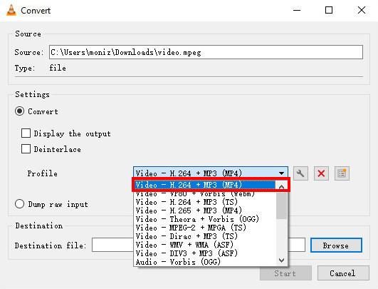 Defina MP4 como formato de arquivo de saída no VLC