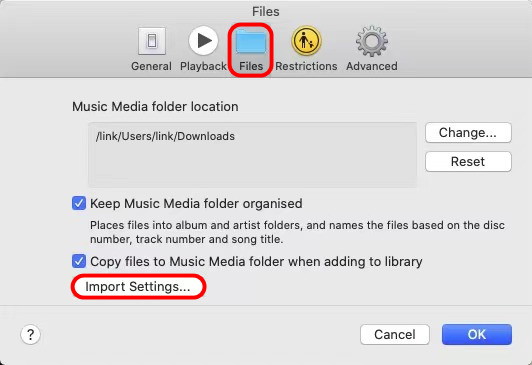 انقر فوق الزر Import Settings (إعدادات الاستيراد) في iTunes