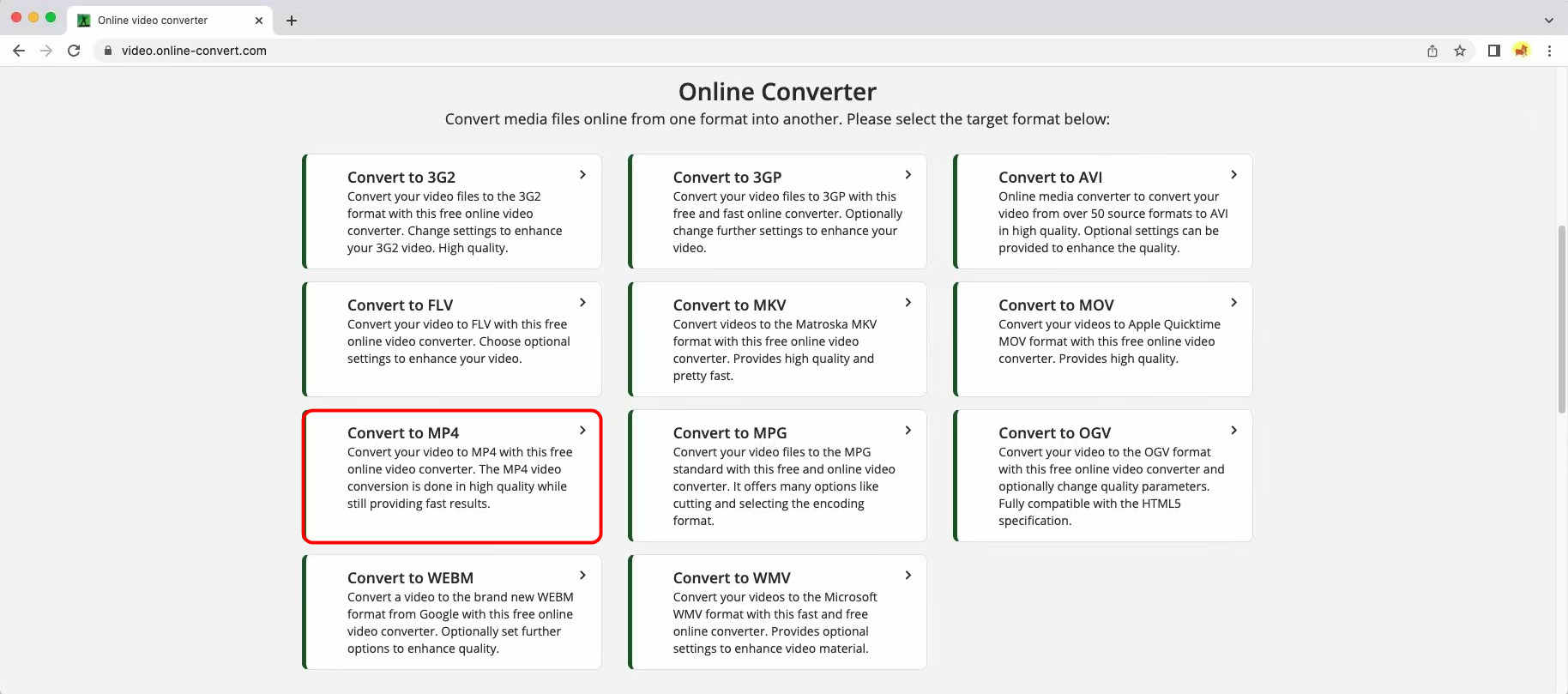 Hit the Convert Video to MP4 option online