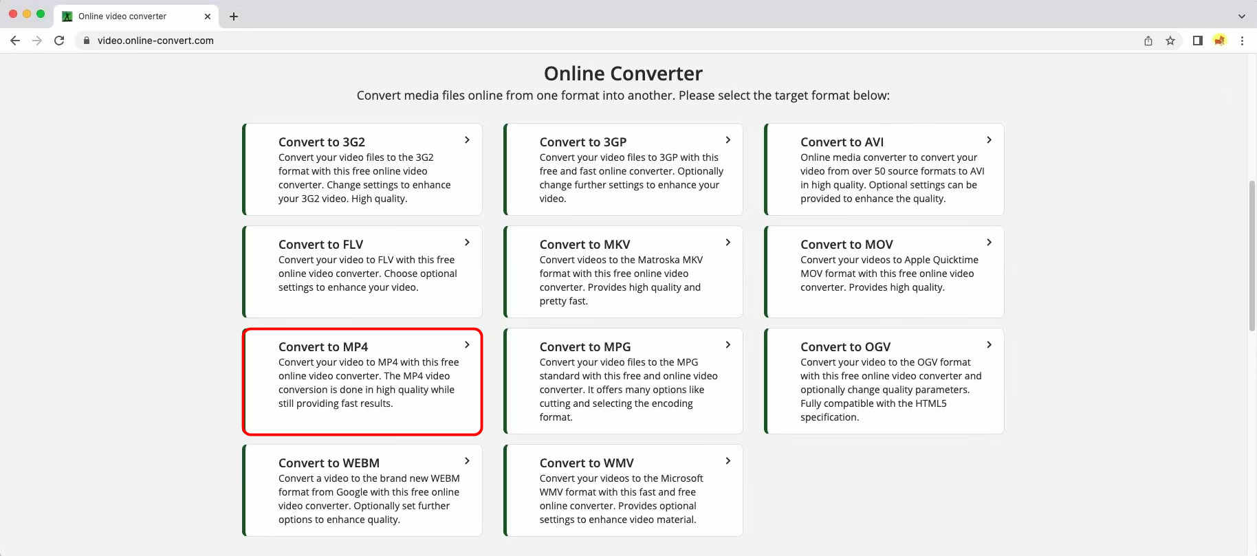 Clique na opção Converter vídeo para MP4 online