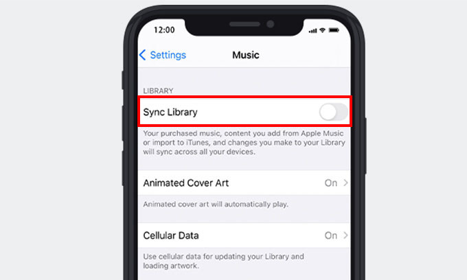 Desactive la opción Sincronizar biblioteca en iPhone