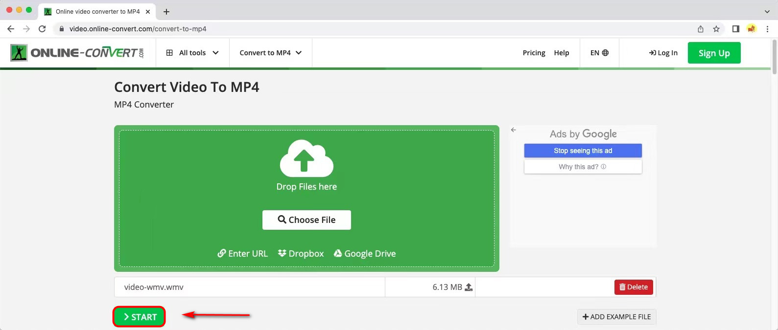Start to turn WMV to MP4 online on Mac