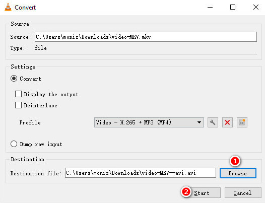 Start to convert MKV to AVI on VLC