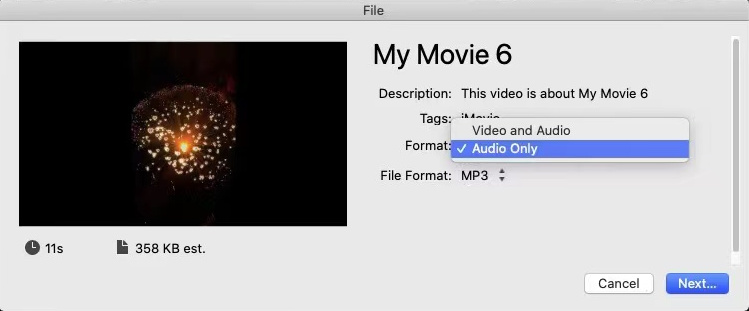 Selecione o formato Somente áudio no iMovie