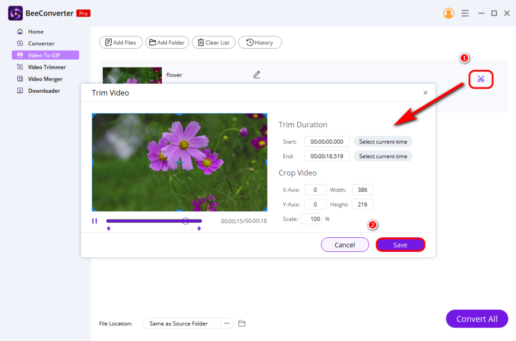 Customize the file on the trim video window