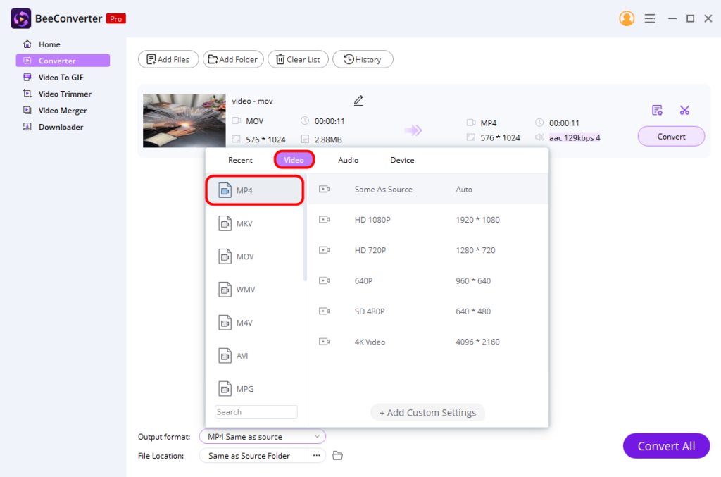 Set MP4 output format