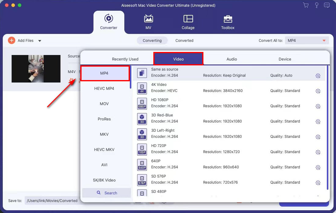 Select MP4 as the output format