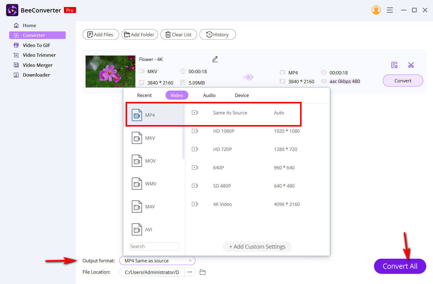 Set MP4 as output format