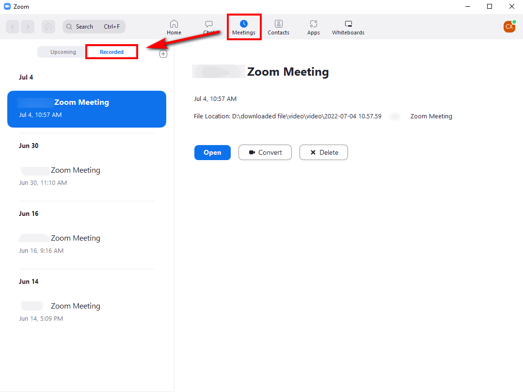 Find the recorded files on the Meeting page