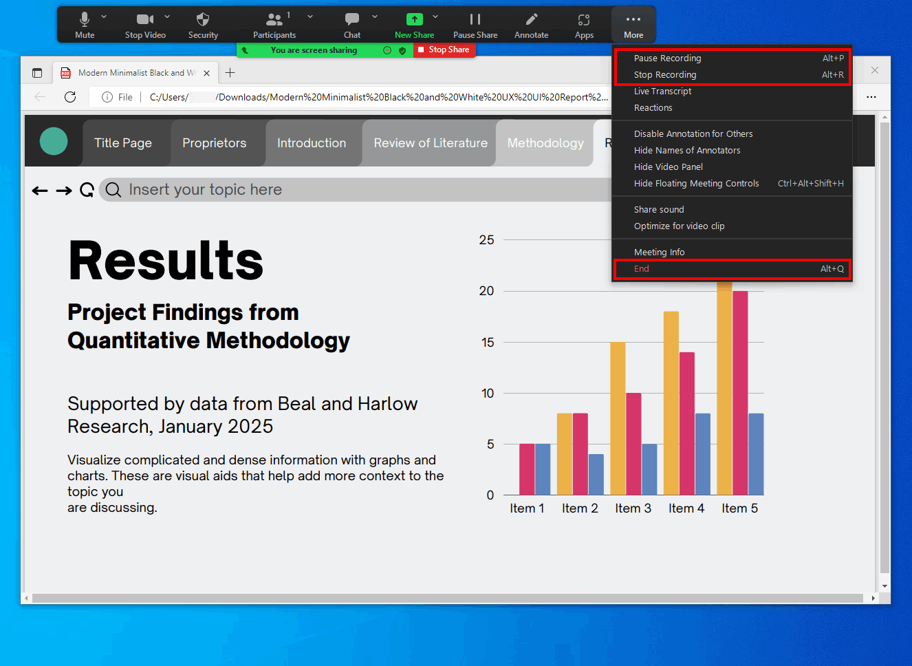 Click on the End button to stop recording a presentation on Zoom