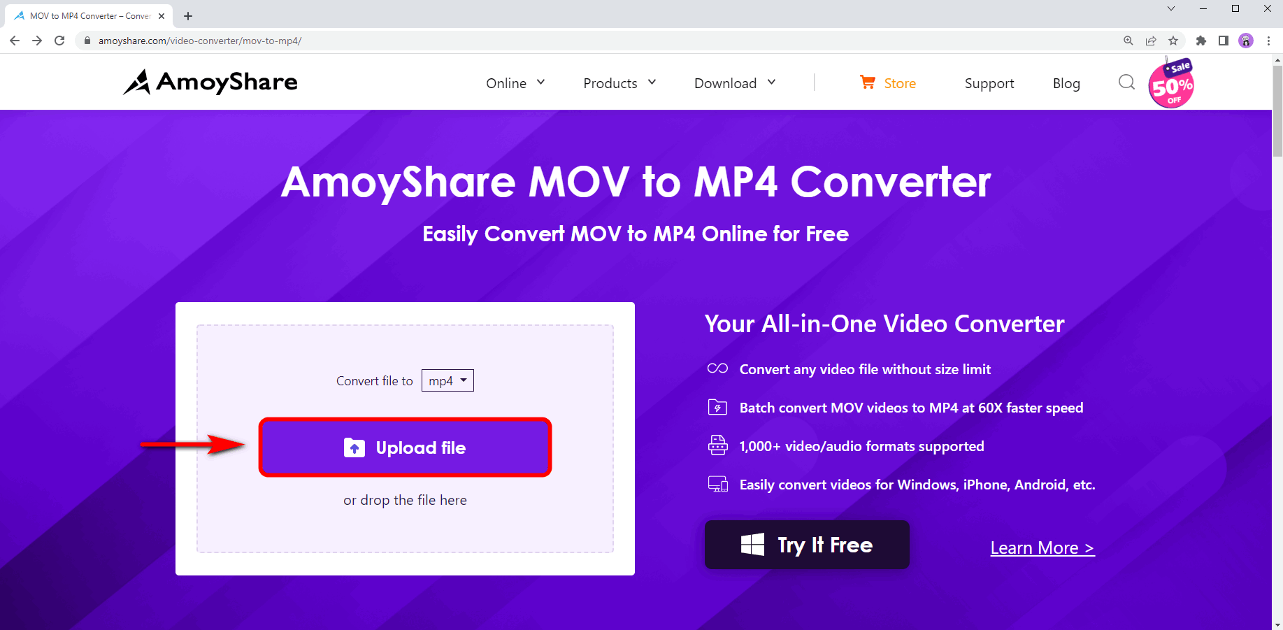 Cargue el archivo MOV en línea