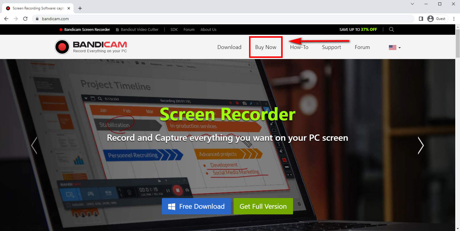 Bandicam サイトにアクセスして、プロ用スクリーン レコーダーを購入してください