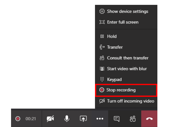 Stop recording a Team meeting by selecting the stop option