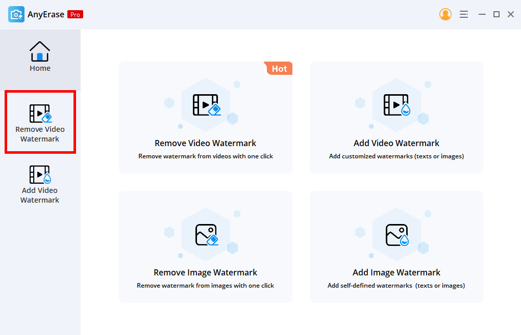 Escolha a guia Remover marca d'água de vídeo no AnyErase