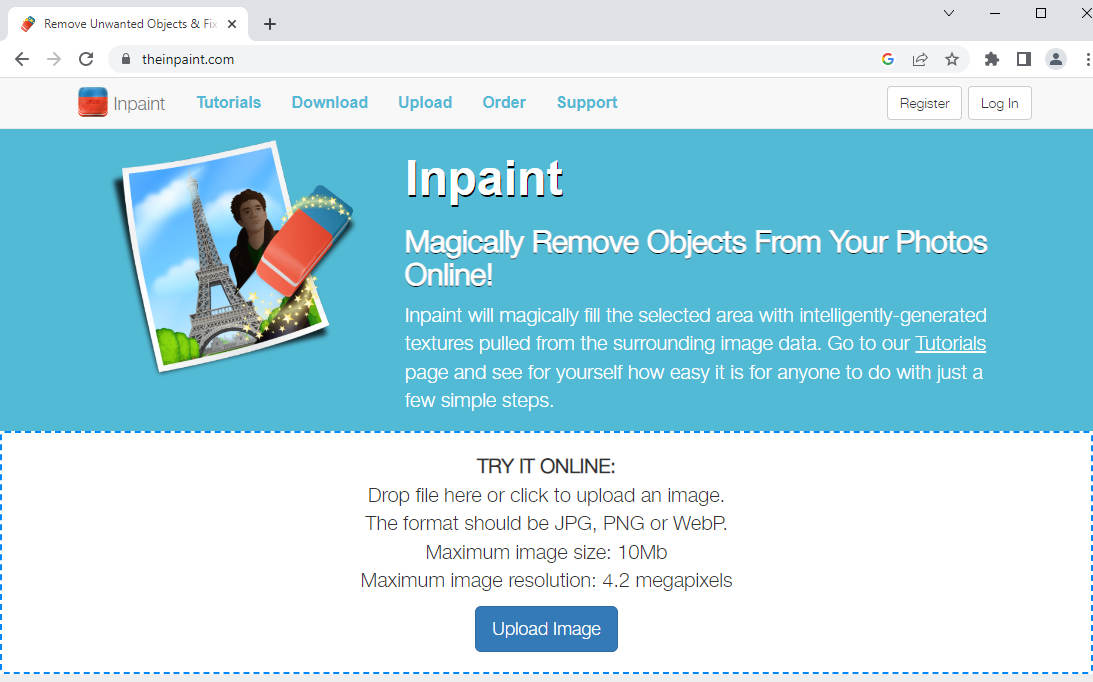 Visita Inpaint e carica un'immagine