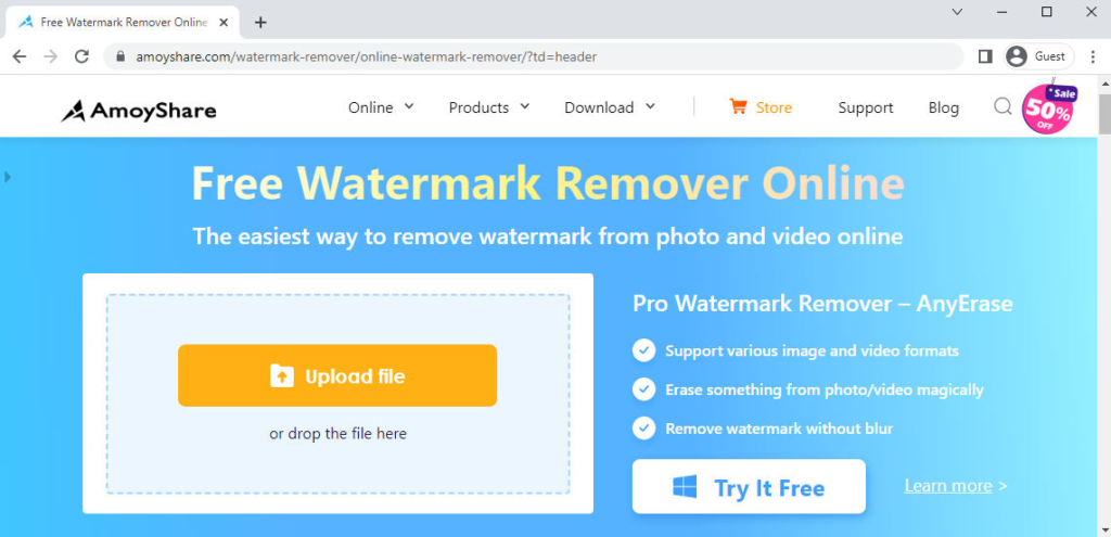 Visite la herramienta en línea para eliminar marcas de agua de Amoyshare