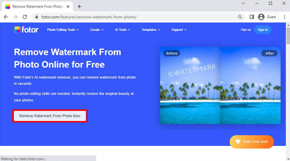 Visit the Fotor watermark remover site