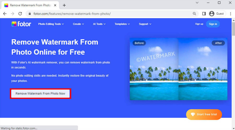 Besuchen Sie die Website zum Entfernen von Wasserzeichen von Fotor
