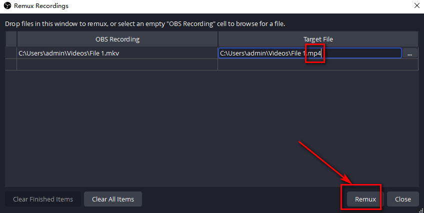 OBS remux MKV to MP4