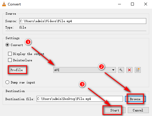 Select AVI format and convert on VLC