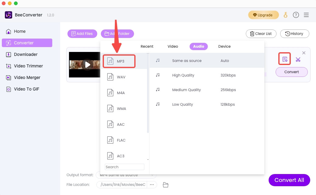 Select MP3 format as the output format