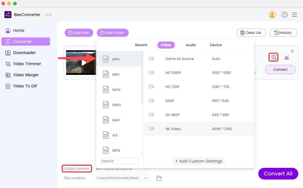 Select MP4 as output format on BeeConverter