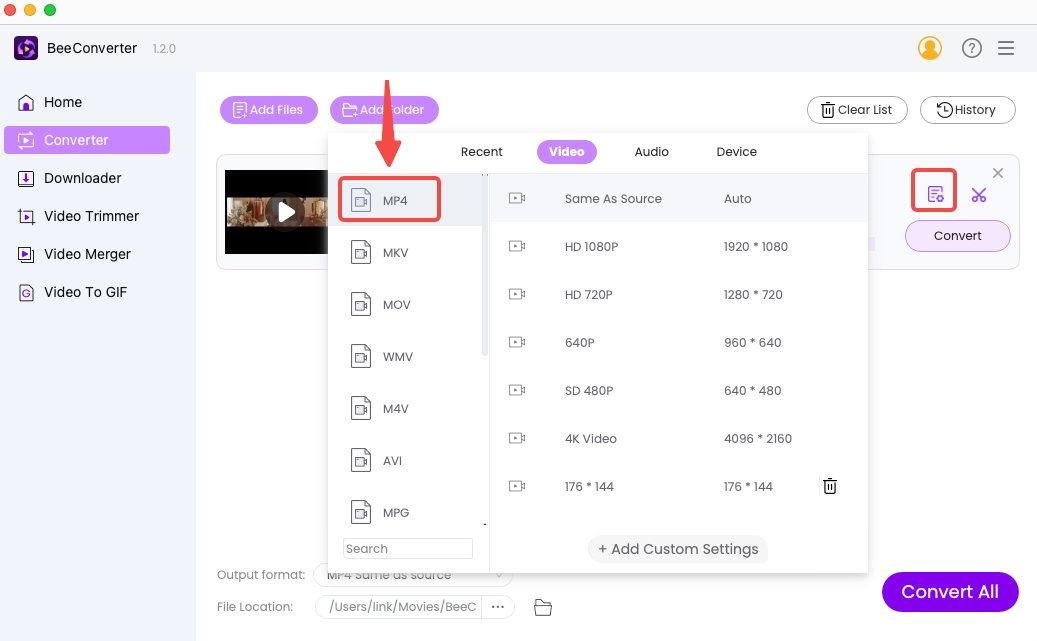 Select MP4 as the output format