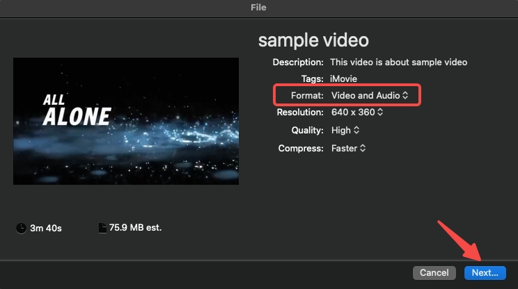 Seleccione el formato MP4 en iMovie