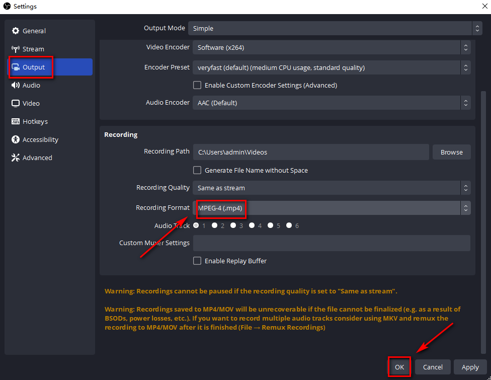 Ouput MKV to MP4 on OBS