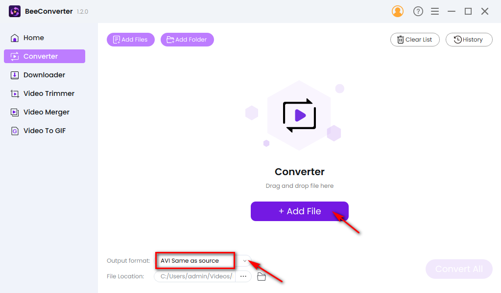 حدد التنسيق والملف على BeeConverter